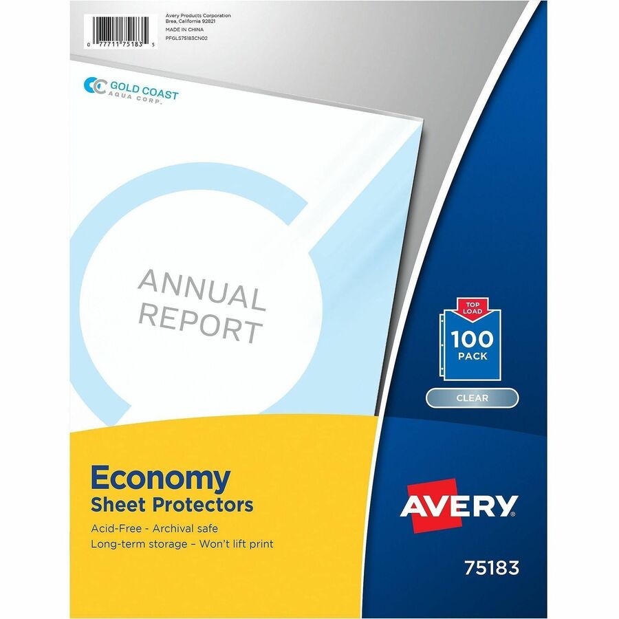 Avery&reg, Economy Clear Sheet Protectors - Sheet Capacity - For Letter 8 1/2" x 11" Sheet - 3 x Holes - Ring Binder - Top Loading - Clear - Polypropylene - 100/Pack - 5 / Carton