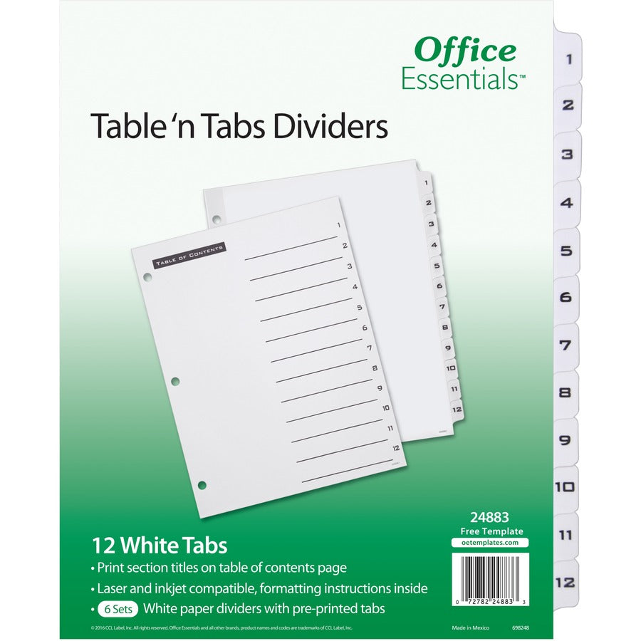 Avery&reg, Table 'n Tabs White Tab Numbered Dividers - 288 x Divider(s) - 288 Tab(s) - 1-12 - 12 Tab(s)/Set - 8.5" Divider Width x 11" Divider Length - 3 Hole Punched - White Paper Divider - Black Paper, White Tab(s) - 12/Pack - 1 Carton