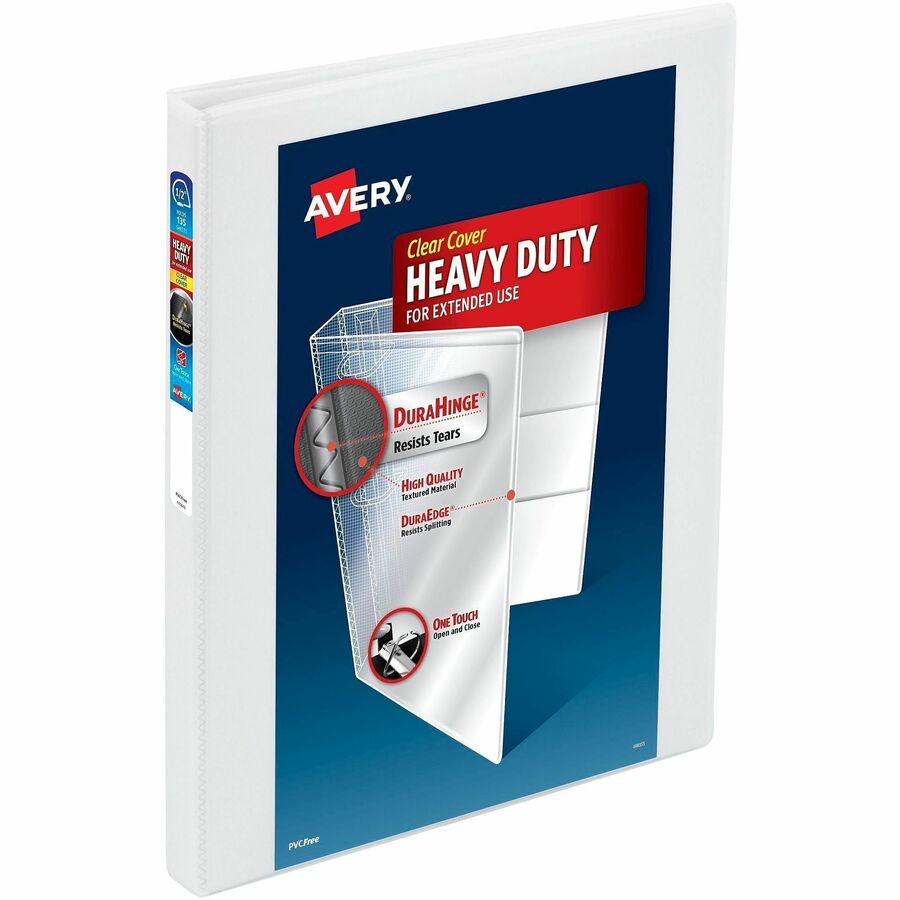 Avery&reg, One Touch Heavy-Duty View Binder - 1/2" Binder Capacity - Letter - 8 1/2" x 11" Sheet Size - 135 Sheet Capacity - 45/64" Spine Width - 135 x 0.50" Ring - Fastener: Slant Ring - Pocket: 4, Internal - Polypropylene - White - Adhesive, Archival...