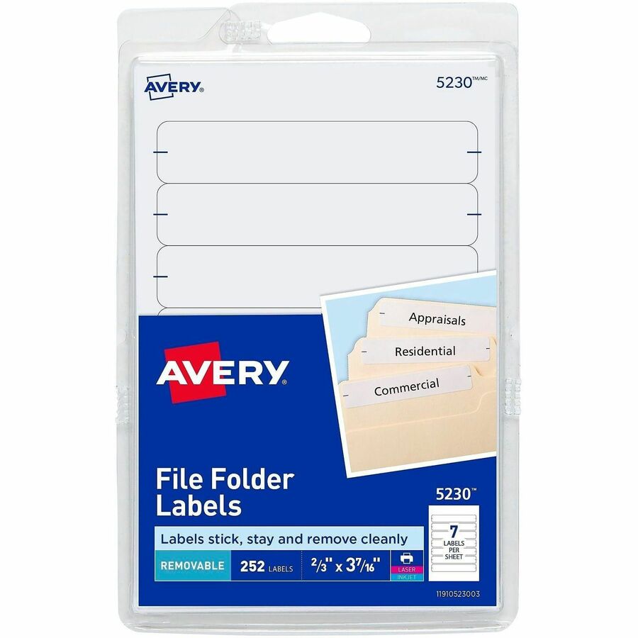 Avery&reg, Removable File Folder Labels - 21/32" Widthss x 3 7/16" Length - Removable Adhesive - Rectangle - Laser, Inkjet - White - Paper - 7 / Sheet - 648 Total Sheets - 4536 Total Label(s) - 252/Pack - 1 Carton