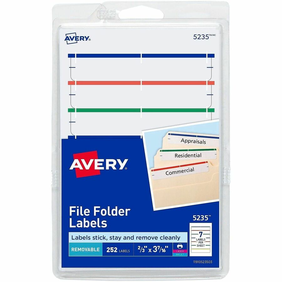 Avery&reg, Removable File Folder Labels - 2/3" Widthss x 3 7/16" Length - Removable Adhesive - Rectangle - Laser, Inkjet - Assorted, Dark Blue, Dark Red, Green, Yellow - Paper - 7 / Sheet - 648 Total Sheets - 4536 Total Label(s) - 252/Pack - 1 Carton