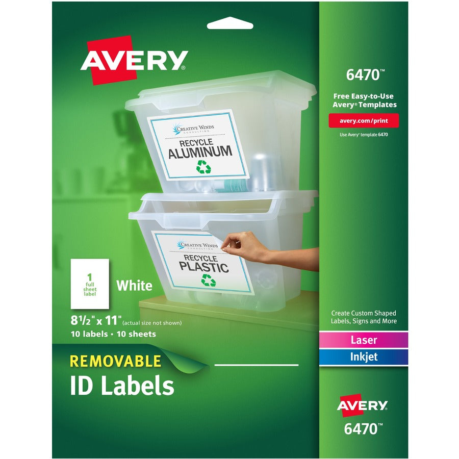 Avery&reg, Removable I.D. Laser/Inkjet Labels - 8 1/2" Widthss x 11" Length - Removable Adhesive - Rectangle - Laser, Inkjet - Matte - White - Paper - 1 / Sheet - 50 Total Sheets - 50 Total Label(s) - 150/Pack - 1 Carton