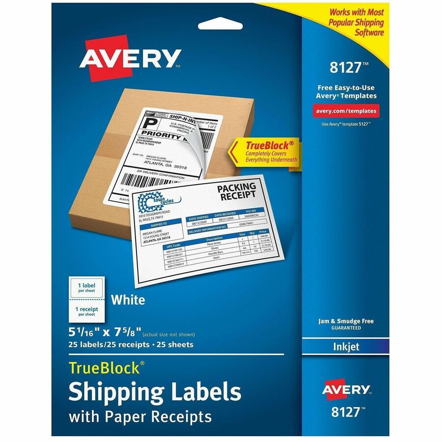 Avery&reg, TrueBlock Paper Receipt Shipping Labels - 5 1/16" Width x 7 5/8" Length - Permanent Adhesive - Rectangle - Inkjet - Matte - White - Paper - 1 / Sheet - 125 Total Sheets - 125 Total Label(s) - 1 Carton