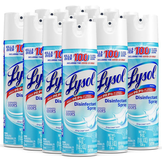 Lysol Crisp Linen Disinfectant Spray - For Multipurpose, Multi Surface - Spray - 19 fl oz (0.6 quart) - Crisp Linen Scent - Recommended For: Fungi Remover, Virus Remover, Bacteria Remover, Mold Remover, Mildew Remover - Easy to Use - Clear - 12 / Carton