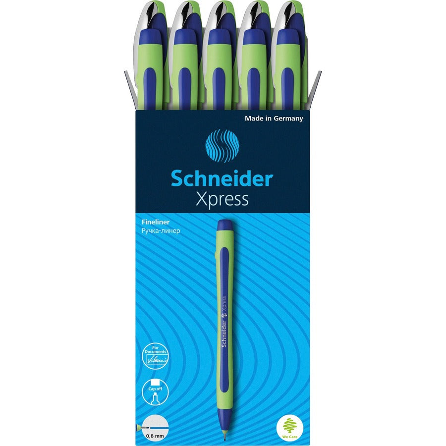 Schneider Xpress Fineliner Pen - Blue Ink - Blue Rubberized, Green Barrel - Stainless Steel Tip - 10 / Pack