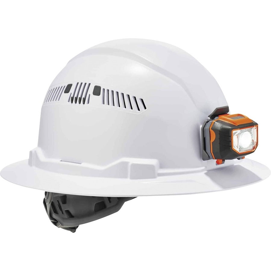 Ergodyne 8973LED Full Brim Hard Hat - Recommended for: Construction, Utility, Oil & Gas, Construction, Forestry, Mining, General Purpose - Moisture, Odor, Sun, Rain, Eye, Overhead Falling Objects, Head, Neck Protection - White - Comfortable, LED Light...