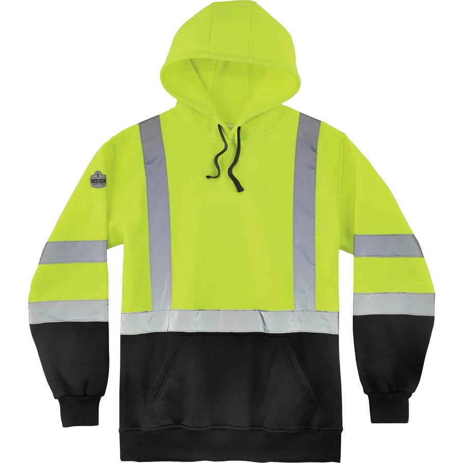 Ergodyne Pullover Hi-Vis Hooded Sweatshirt - 5-Xtra Large Size Pull Over - Hood Collar - Black, Lime - Polar Fleece