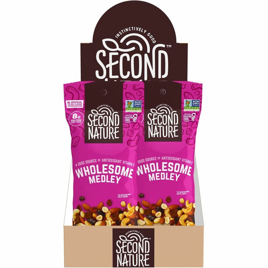 Second Nature Wholesome Medley Trail Mix - Low Sodium, Gluten-free, No Artificial Color, Preservative-free, No Artificial Flavor, Trans Fat Free - Almond, Cashew, Peanut, Cherry, Dried Cranberries, Dark Chocolate, Dried Cherries - 2.25 oz - 1 Box