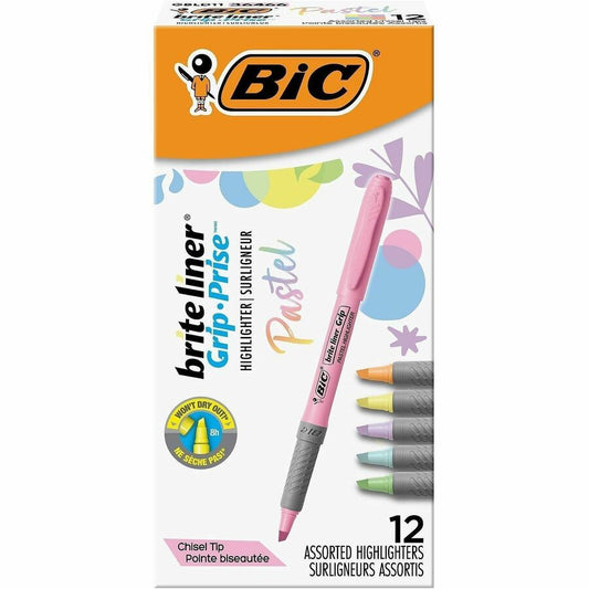 BIC Brite Liner Grip Highlighters, Assorted - Assorted, Pastel Yellow, Pastel Pink, Pastel Blue, Pastel Green, Pastel Purple, Pastel Orange Ink - 12 / Dozen