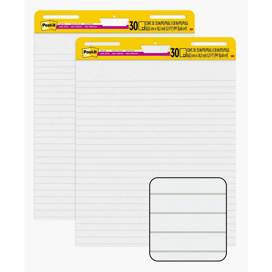 Post-it&reg, Super Sticky Easel Pad - 30 Sheets - Ruled Front Ruling x 25" Width x 30" Length - Self-stick, Resist Bleed-through, Handle, Sturdy Backcard, Universal Slot, Repositionable, Adhesive Backing - 2 / Carton