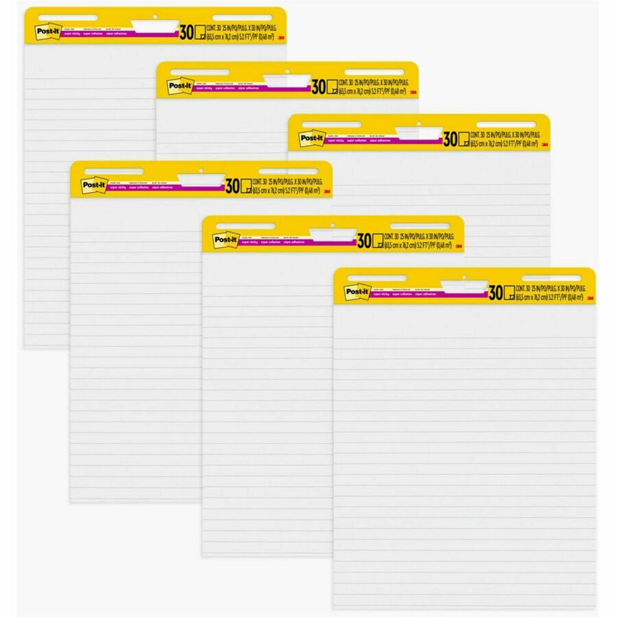 Post-it&reg, Easel Pad - 30 Sheets - Ruled Front Ruling x 25" Width x 30" Length - Self-stick, Resist Bleed-through, Handle, Sturdy Backcard, Universal Slot, Repositionable, Adhesive Backing - 6 / Carton