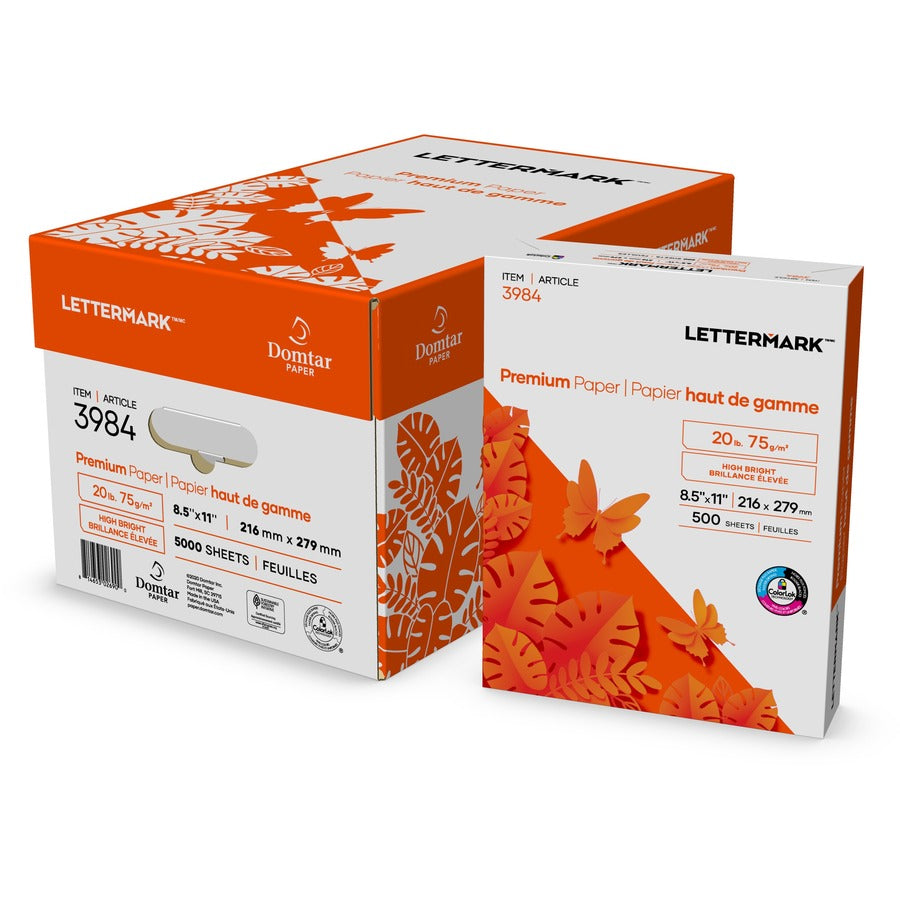 Domtar Lettermark Premium Paper 96B 20lb 8-1/2" x 11" 500/pkg - 96 Brightness - 90% Opacity - Letter - 8 1/2" x 11" - 20 lb Basis Weight - 75 g/m², Grammage - Sustainable Forestry Initiative (SFI) - ColorLok Technology, Jam-free, Acid-free, Long La...