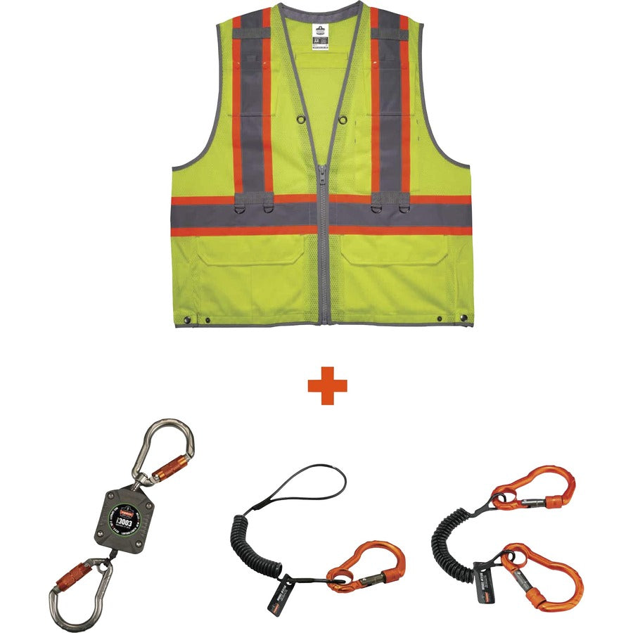 Ergodyne 8231TVK Hi-Vis Tool Tethering Safety Vest Kit - Class 2 - Recommended for: Accessories, Construction, Utility, Oil & Gas, Telecommunication, Power Generation - Small/Medium - Lime - Chest Pocket, High Visibility, Reflective, Pen Slot, Front Po...