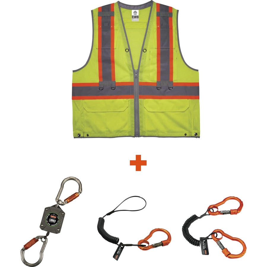 Ergodyne 8231TVK Hi-Vis Tool Tethering Safety Vest Kit - Class 2 - Recommended for: Accessories, Construction, Utility, Oil & Gas, Telecommunication, Power Generation - Large/Extra Large - Lime - Chest Pocket, High Visibility, Reflective, Pen Slot, Fro...