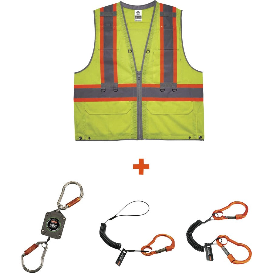 Ergodyne 8231TVK Hi-Vis Tool Tethering Safety Vest Kit - Class 2 - Recommended for: Accessories, Construction, Utility, Oil & Gas, Telecommunication, Power Generation - 4-Xtra Large/5-Xtra Large - Lime - Chest Pocket, High Visibility, Reflective, Pen S...
