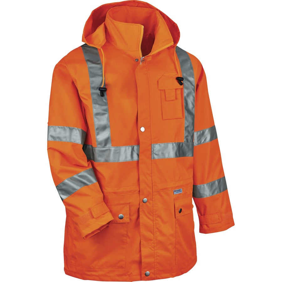 Ergodyne 8365 Type R Class 3 Rain Jacket - Recommended for: Construction, Utility, Emergency, Airline Crew, Railway Worker, Survey Crew - Medium - Drawstring Closure Closure - Polyurethane, Polyurethane - Orange - Breathable, Mic Tab, Durable, Water Pr...
