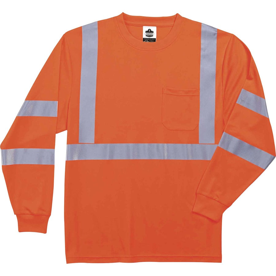 Ergodyne 8391 Type R Class 3 Long Sleeve T-Shirt - 2-Xtra Large - Polyester - Orange - Breathable, Moisture Resistant, UV Resistant, Reflective, Heat Resistant, Chest Pocket - 1 Each