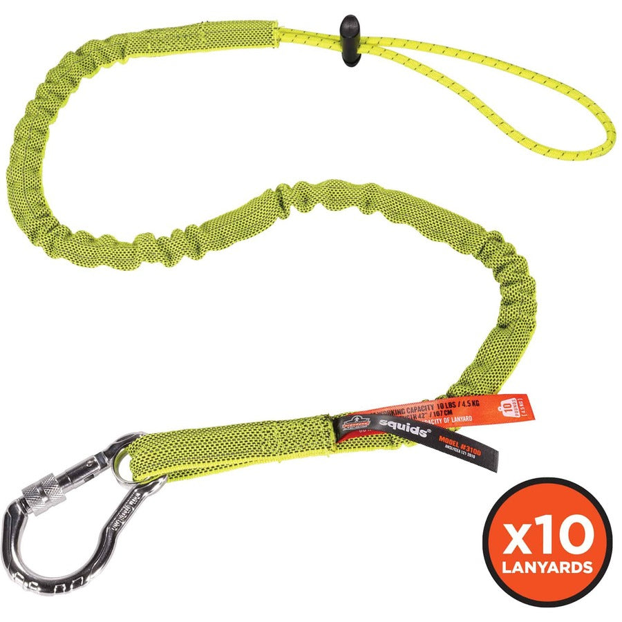 Ergodyne 3100-BULK Single Carabiner Tool Lanyard - 10lbs - Adjustable - 10 lb Load Capacity - Standard - Carabiner Attachment - 4" Height x 11.3" Width x 45" Length - Lime - Aluminum, Nylon Webbing - 10 / Carton
