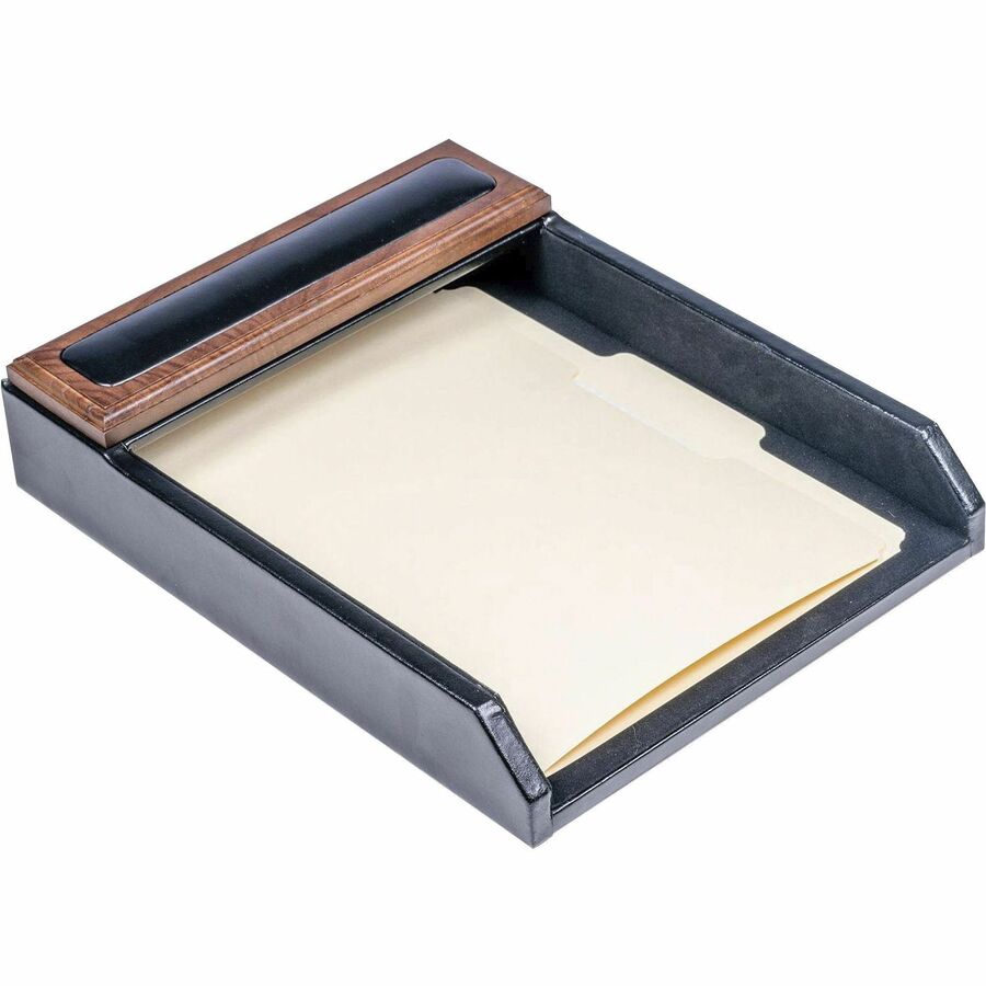 Dacasso Walnut & Leather Letter Tray - Compartment Size : 9.25" x 12.25" - Desktop - Black - Top Grain Leather, Walnut, Wood, Velveteen - 1 Each