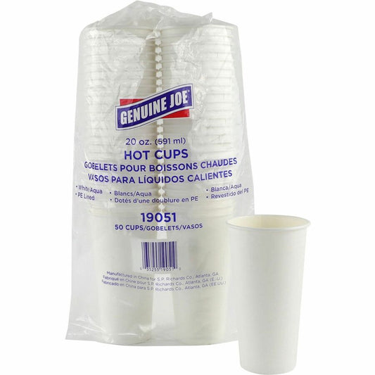 Genuine Joe 20 oz Disposable Hot Cups - 20 fl oz - White - Polyurethane - Coffee, Hot Drink, Picnic, Company, Tea, Hot Chocolate, Beverage/ - 50 / Pack