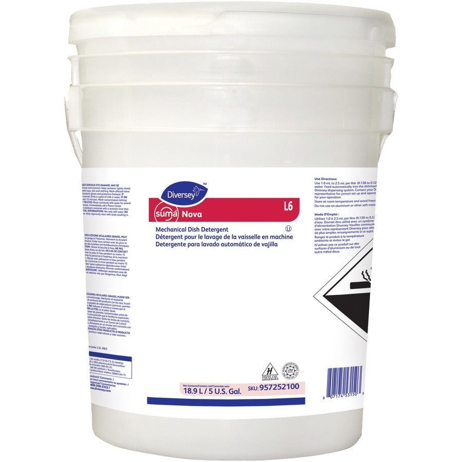 Diversey Suma Nova L6 Machine Dish Liquid - 640 fl oz (20 quart) - Characteristic Scent - Chlorine-free, Non Ammoniated, Kosher - Red - 1 Carton