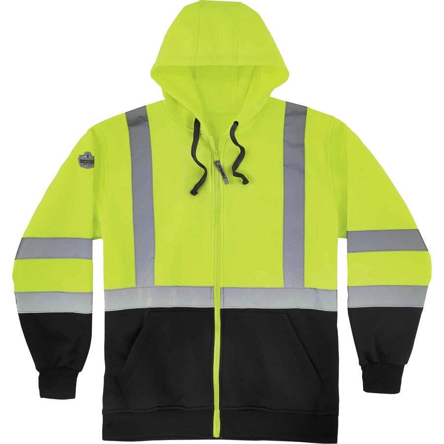 Ergodyne Zip-Up Hi-Vis Hooded Sweatshirt - Recommended for: Construction, Biking, Snowmobiling, Outdoor, Ice Fishing, Traffic - 5-Xtra Large - Dirt, Grime Protection - Zipper Closure - Polar Fleece, Polar Fleece - Yellow, Black - Reflective Strap, Draw...