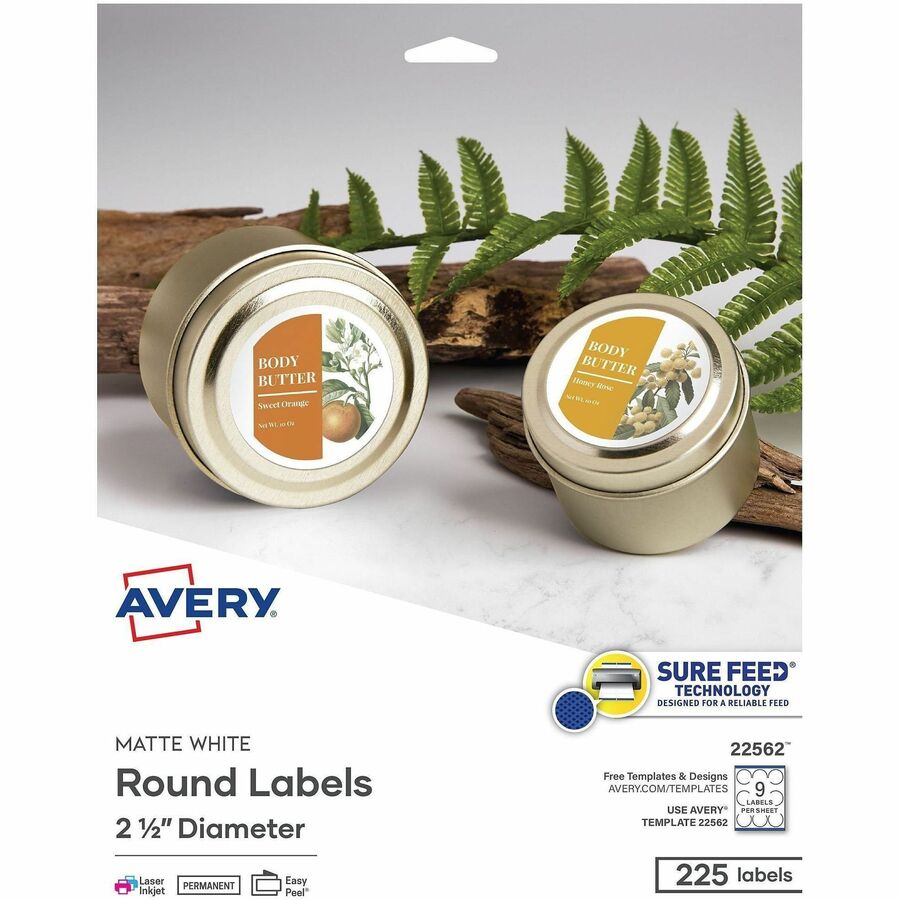 Avery&reg, Printable Round Labels, 2.5" , Matte White, 225 Labels (22562) - Waterproof - x 2 1/2" Diameter - Permanent Adhesive - Round - Inkjet, Laser - Matte - White - Paper - 9 / Sheet - 25 Total Sheets - 225 Total Label(s) - For Label Printer - 225...