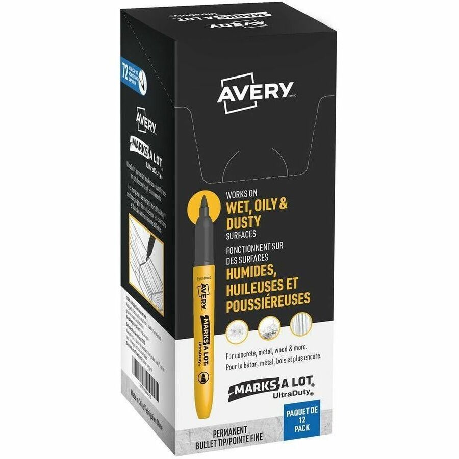 Avery&reg, Marks A Lot UltraDuty Markers - Bullet, 1 mm Marker Point - Black Ink - Writing - 12 / Pack