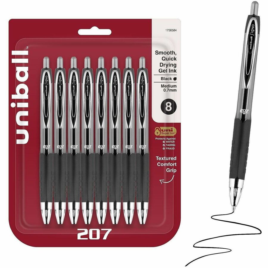 uniball™, 207 Gel Pen - Refillable - Retractable - Black Ink - Gel-based - Translucent Black Plastic Barrel - Tungsten Carbide Tip - 8 / Pack