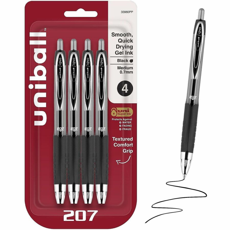 uniball™, 207 Gel Pen - Refillable - Retractable - Black Ink - Gel-based - Plastic Barrel - Tungsten Carbide Tip - 4 / Pack