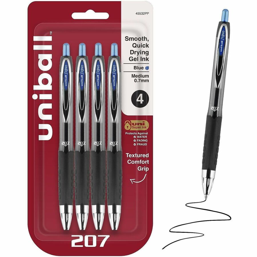 uniball™, 207 Gel Pen - Refillable - Retractable - Blue Ink - Gel-based - Plastic Barrel - Tungsten Carbide Tip - 4 / Pack