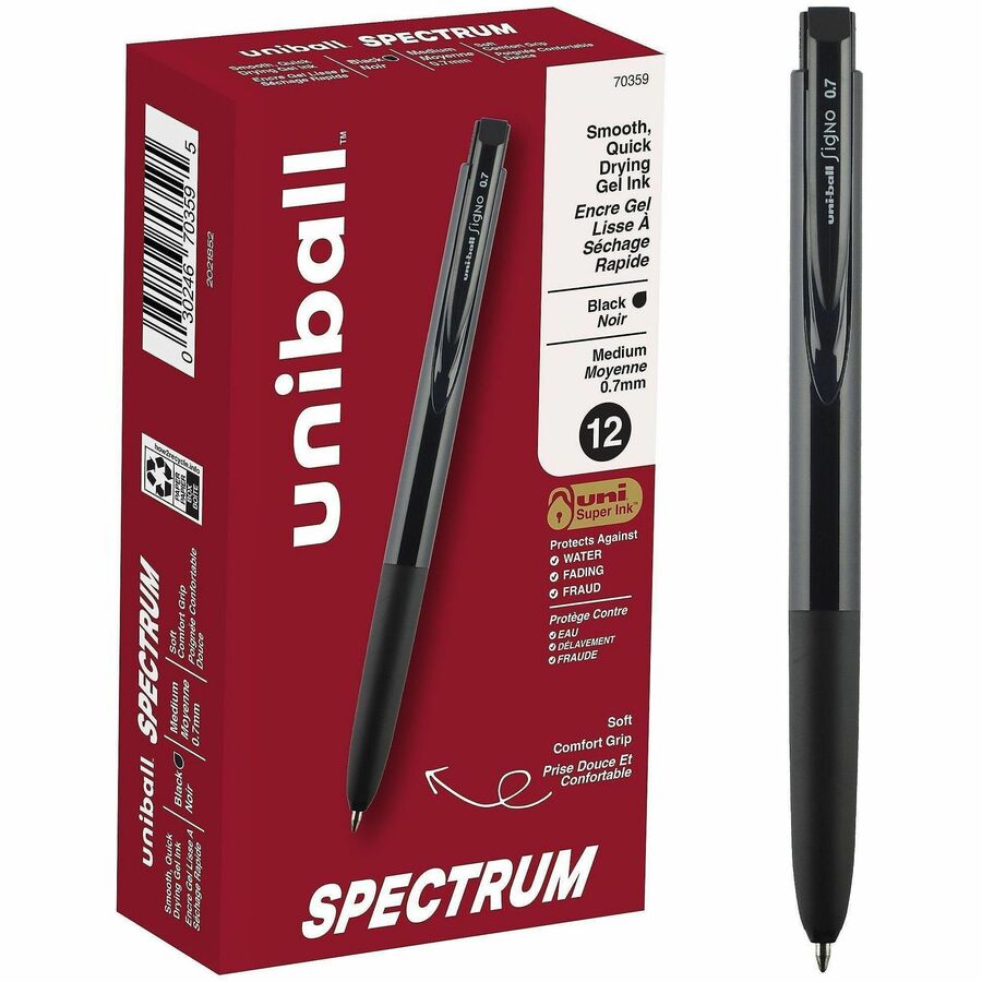 uniball™, Spectrum Retractable Gel Pens - Retractable - Black Ink - Gel-based - Writing - 12 / Dozen