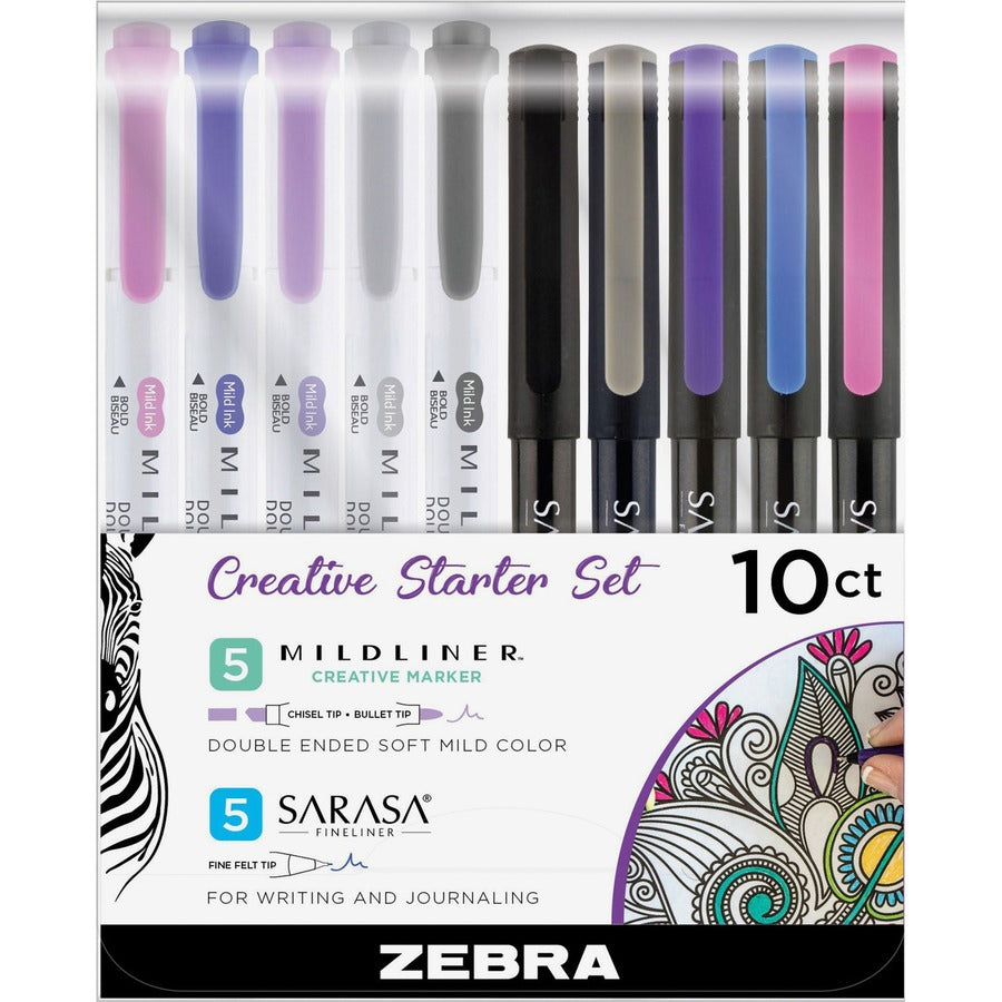 Zebra Pen MIDLINER Marker/SARASA Fineliner Creative Starter Set - 0.8 mm Pen Point Size - Needle Pen Point Style - Broad, Fine Marker Point - Chisel, Bullet Marker Point Style - Gold Water Based, Dark Blue, Gray, Citrus Green, Summer Green, Black, Blue...