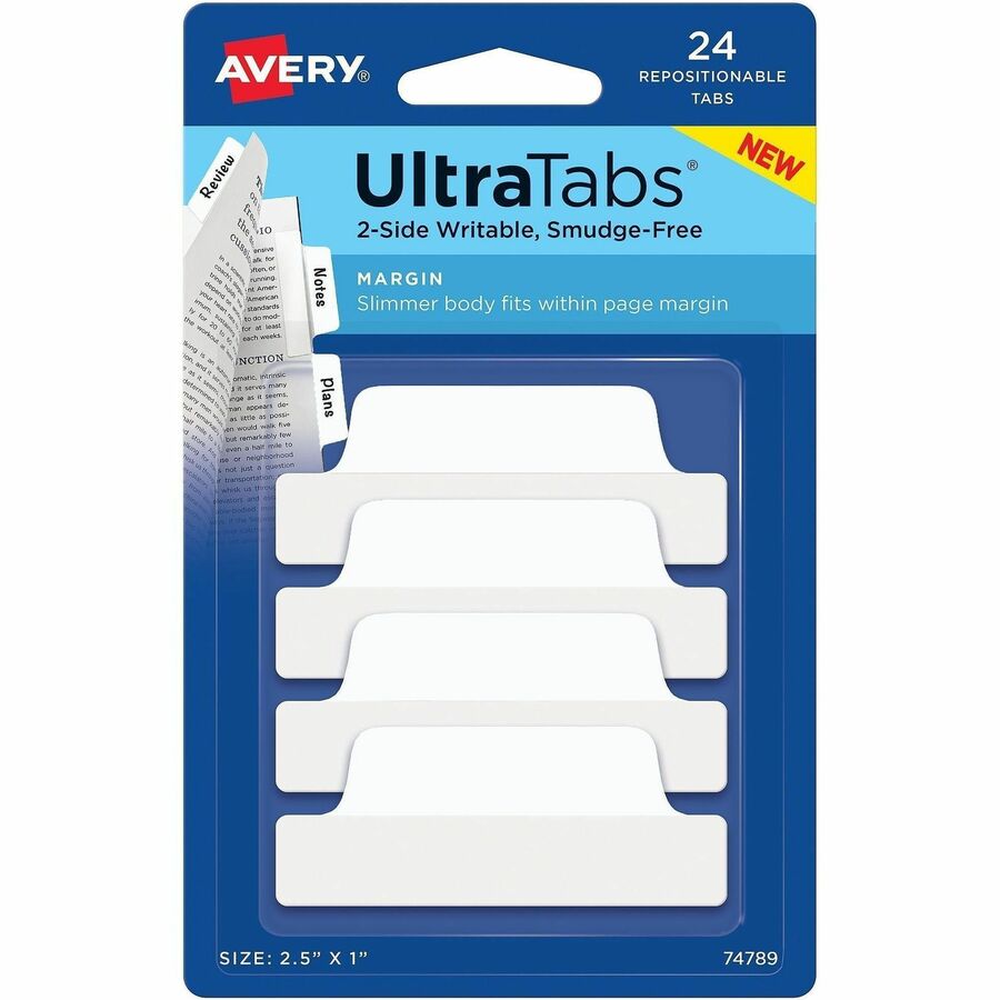 Avery&reg, Ultra Tabs Repositionable Margin Tabs - 24 Tab(s) - 6 Tab(s)/Set - Removable - Clear Film, White Paper Tab(s) - Repositionable, Writable, Durable, Smudge-free, Residue-free, Sturdy, Reusable, Double-sided, Smudge Resistant - 24 / Pack