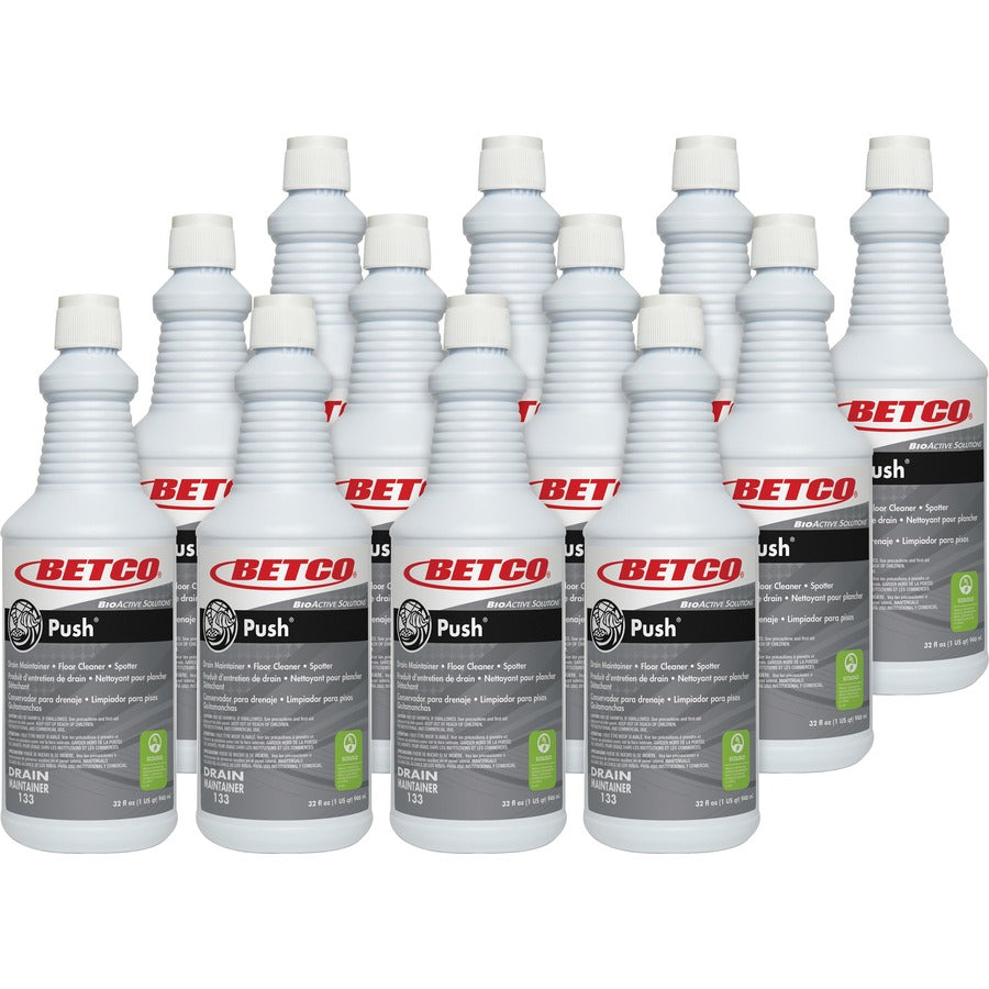 Betco BioActive Solutions Push Cleaner - 32 fl oz (1 quart) - New Green Scent - Non-flammable, Non-corrosive, Caustic-free - Milky White Bottle - 12 / Carton