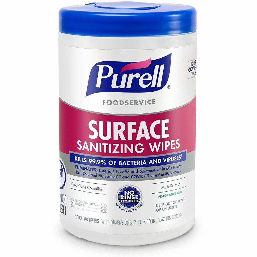 PURELL&reg, Foodservice Surface Sanitizing Wipes - Ready-To-Use - 10" Length x 7" Width - Rinse-free, Fragrance-free, Durable - 110/Tub - 1 Each