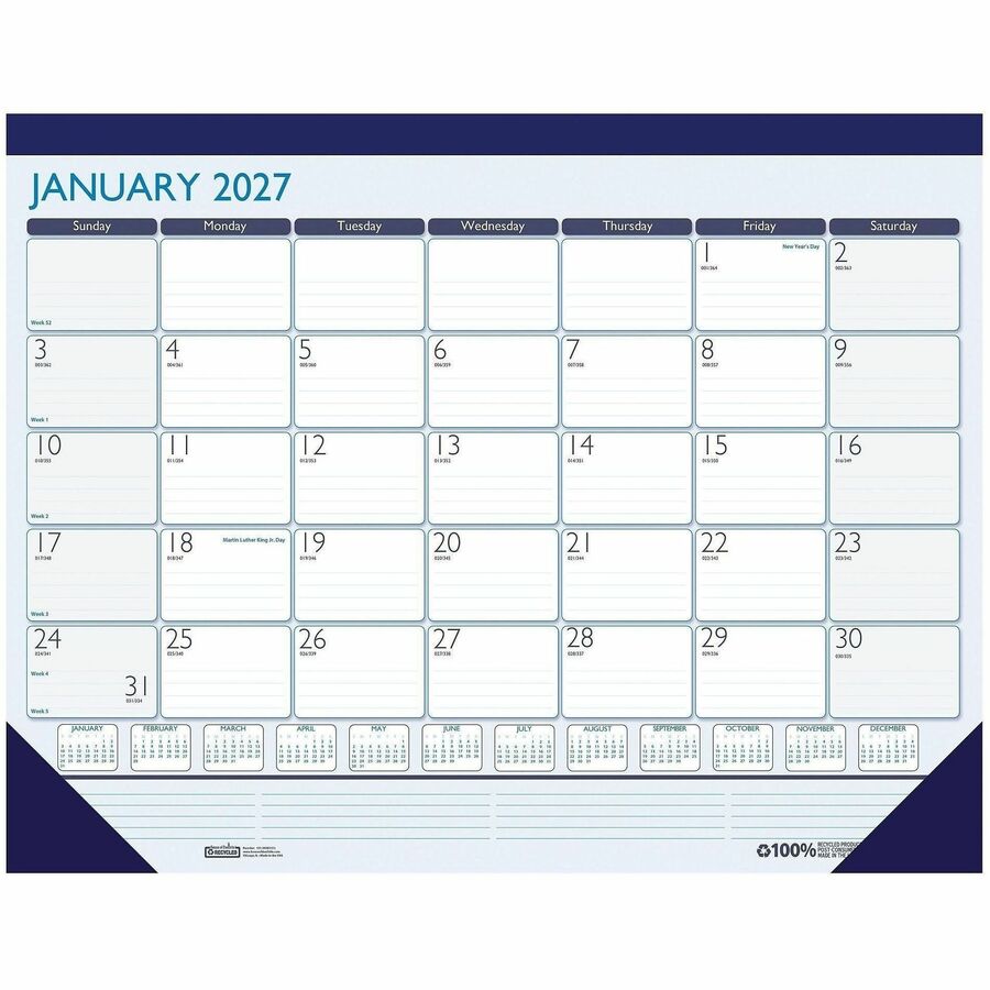 House of Doolittle Contempo Monthly Desk Pad - Professional - Julian Dates - Monthly - 12 Month - January 2027 to December 2027 - 1 Month Single Page Layout - Desk Pad - Blue - Leatherette - 13" Height x 18.5" Width - 1 Each