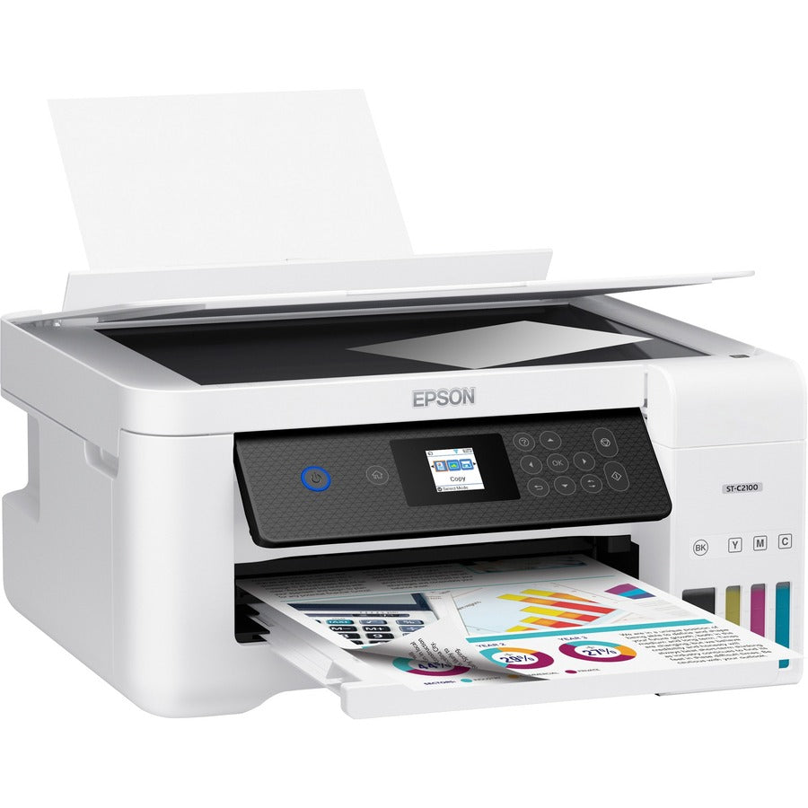 Epson WorkForce ST-C2100 Wireless Inkjet Multifunction Printer - Color - Copier/Printer/Scanner - 5760 x 1440 dpi class - Automatic Duplex Print - Up to 3000 Pages Monthly - 100 sheets Input - Color Flatbed Scanner - 1200 dpi Optical Scan - Wireless LA...