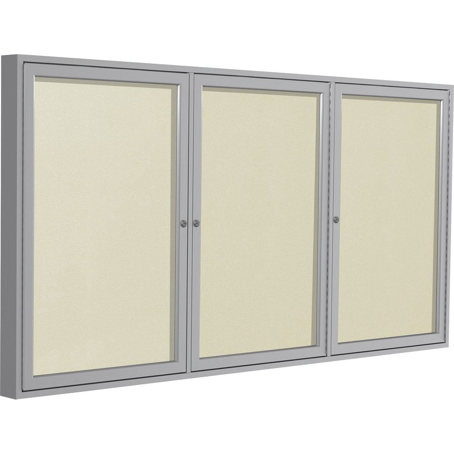 Ghent 3 Door Enclosed Vinyl Bulletin Board with Satin Frame - 48" Board Height x 96" Board Width - Ivory Vinyl Surface - Weather Resistant, Water Resistant, Damage Resistant, Tackable, Lockable, Durable, Self-healing, Shatter Resistant, Customizable, T...