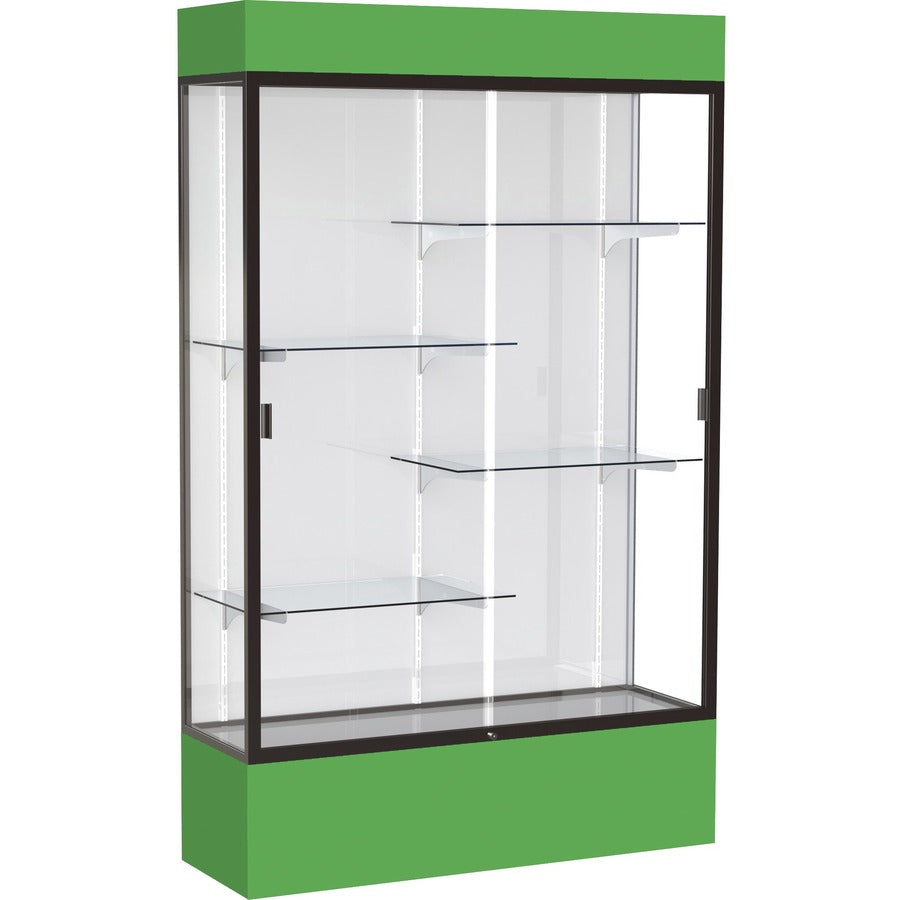 Waddell Lighted Floor Case, White Back w/ Dark Bronze Frame & Colored Base - 48" Width x 16" Depth x 80" Height - 4 x Shelf(ves) - Sliding Door(s) - 25 lb Load Capacity - Lockable, Adjustable Shelf, Handcrafted, LED Light - Kelly Green - Assembly Requi...