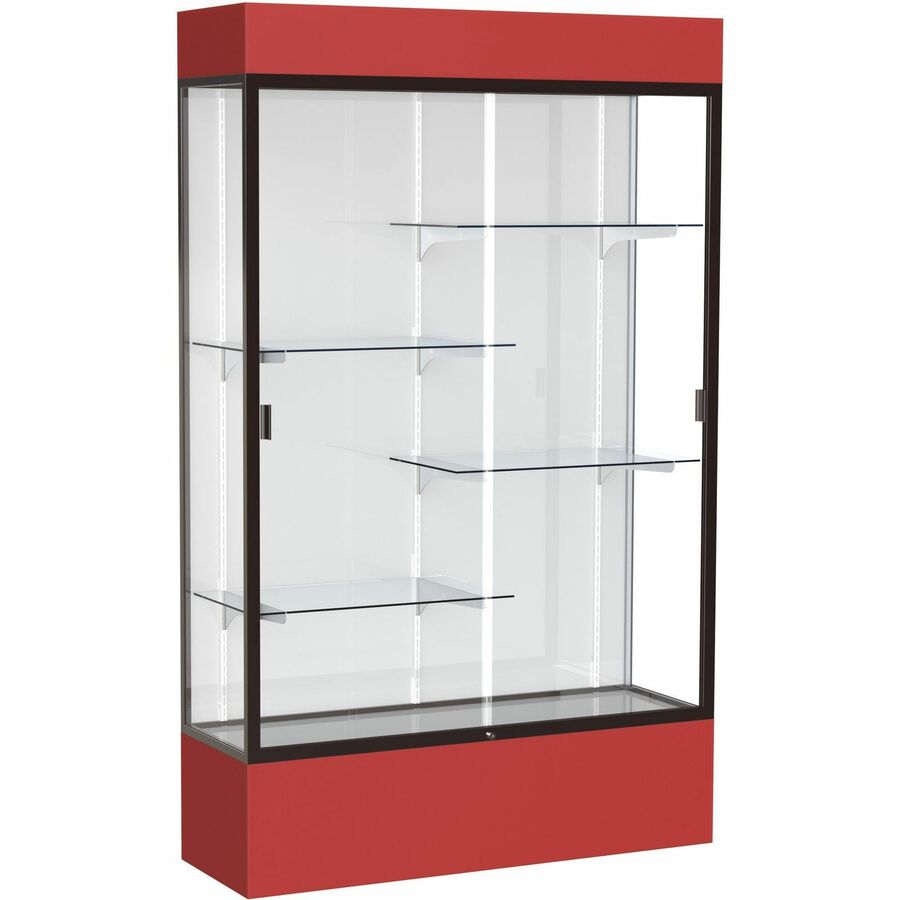 Waddell Lighted Floor Case, White Back w/ Dark Bronze Frame & Colored Base - 48" Width x 16" Depth x 80" Height - 4 x Shelf(ves) - Sliding Door(s) - 25 lb Load Capacity - Lockable, Adjustable Shelf, Handcrafted, LED Light - Red - TAA Compliant