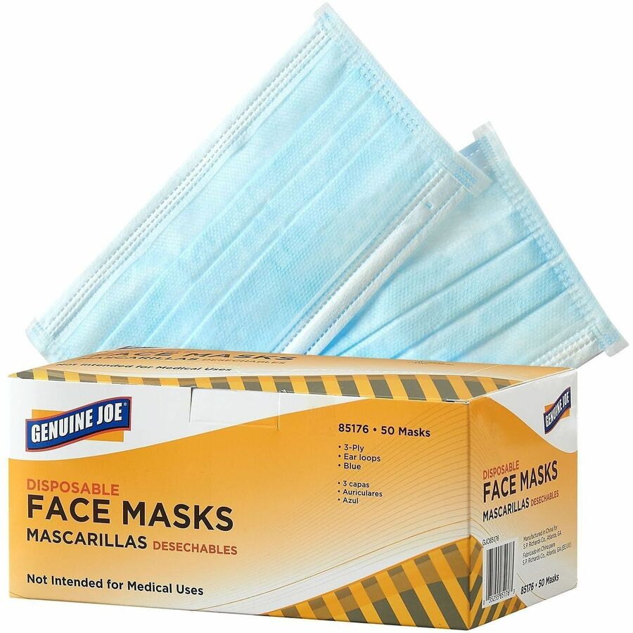 Genuine Joe Disposable Face Mask - Recommended for: Face - Particulate Protection - Blue - Disposable, Latex-free, Breathable, Comfortable, Elastic Loop, Earloop Style Mask, Flexible - 50 / Box