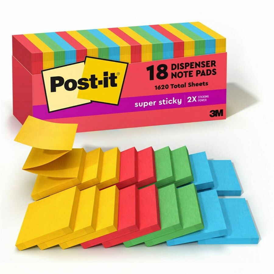 Post-it&reg, Super Sticky Dispenser Notes - Playful Primaries Color Collection - 3" Flag/Note Width x 3" Flag/Note Length - Square - Candy Apple Red, Blue Paradise, Sunnyside, Lucky Green - Paper - Pop-up, Recyclable - 18 / Pack