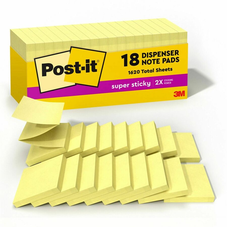 Post-it&reg, Super Sticky Dispenser Notes - Canary Yellow - 3" Flag/Note Width x 3" Flag/Note Length - Square - Canary Yellow - Paper - Pop-up, Recyclable, Adhesive - 1 Pack