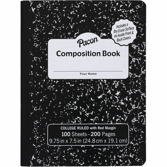 Pacon Marble Hard Cover Wide Rule Composition Book - 1 Subject(s) - 100 Sheets - 200 Pages - Wide Ruled Front Ruling - Red Margin - 9.75" Height x 7.5" Width x 0.4" Depth - Black Marble Cover - Recyclable, Hard Cover, Dry Erase Surface - 1 Each