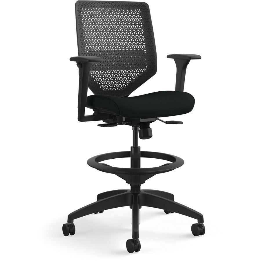 HON Solve Sitting Stool - Black Seat Color - Vinyl Seat Material - Charcoal Back Color - Mesh Back Material - Black Frame Color - Mid Back - 5-star Base - Black - 1 Each