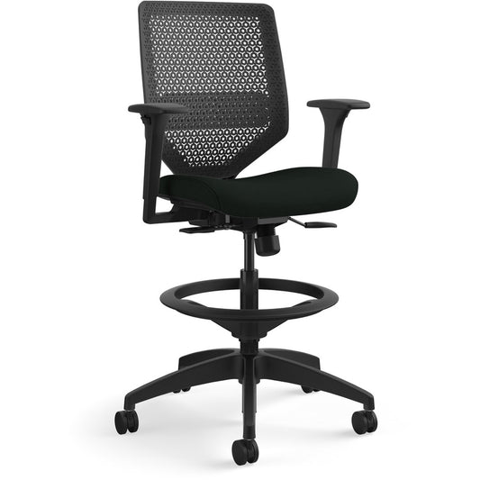 HON Solve Sitting Stool - Black Seat Color - Vinyl Seat Material - Charcoal Back Color - Mesh Back Material - Black Frame Color - Mid Back - 5-star Base - Black - 1 Each