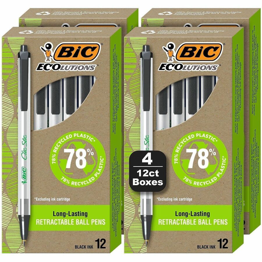 BIC Ecolutions Clic Stic Ballpoint Pen - Retractable - Black Ink - Semi Clear Barrel - 48 / Pack