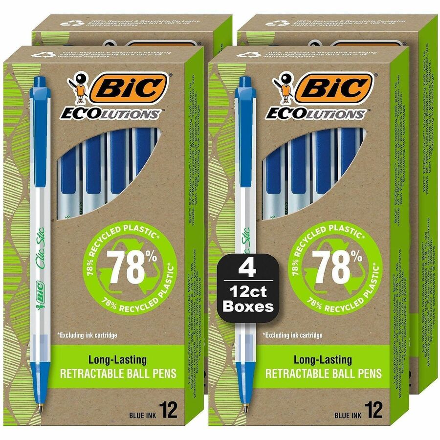 BIC Ecolutions Clic Stic Ballpoint Pen - Retractable - Blue Ink - Semi Clear Barrel - 48 / Pack
