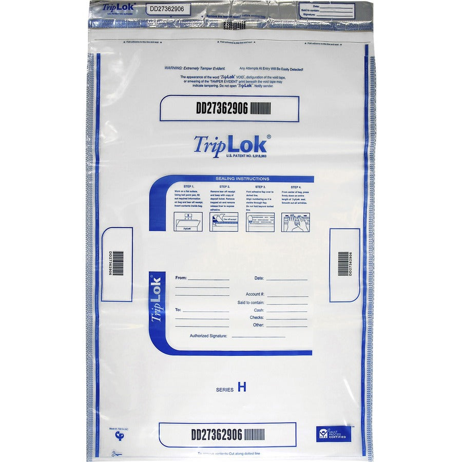 ControlTek TripLOK High-Performing Security Bags - 28" Length x 20" Width - Seal Closure - Clear - Polyethylene - Cash, Bill, Deposit - 50 / Pack